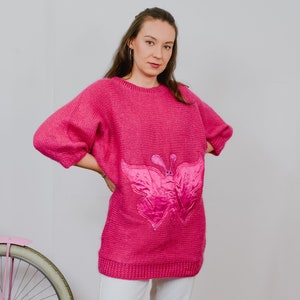 Butterfly sweater pink vintage 80's raspberry retro reglan slleve 3/4 pullover oversized one size L-XXL image 1