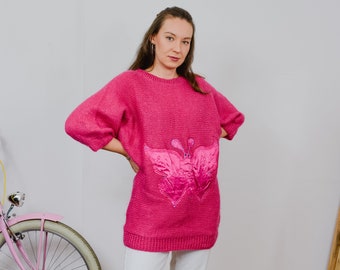 Butterfly sweater pink vintage 80's raspberry retro reglan slleve 3/4 pullover oversized one size L-XXL