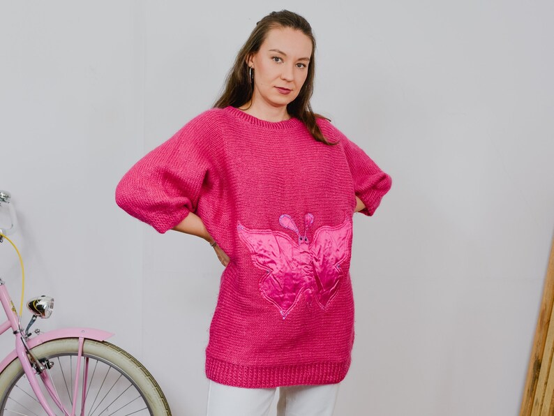 Butterfly sweater pink vintage 80's raspberry retro reglan slleve 3/4 pullover oversized one size L-XXL image 1