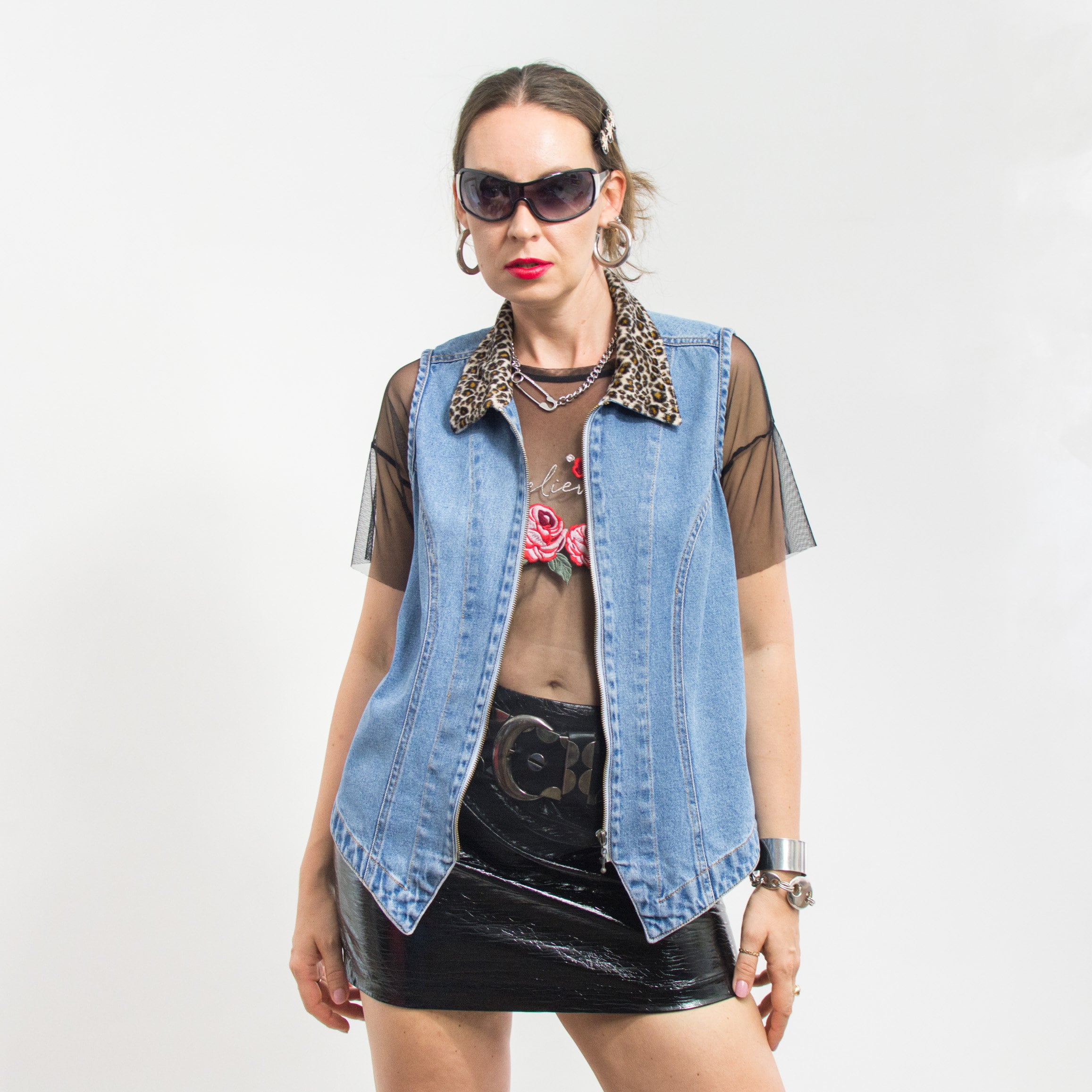 Vintage 90's Denim Vest Leopard Collar Oversized Women M-XL - Etsy