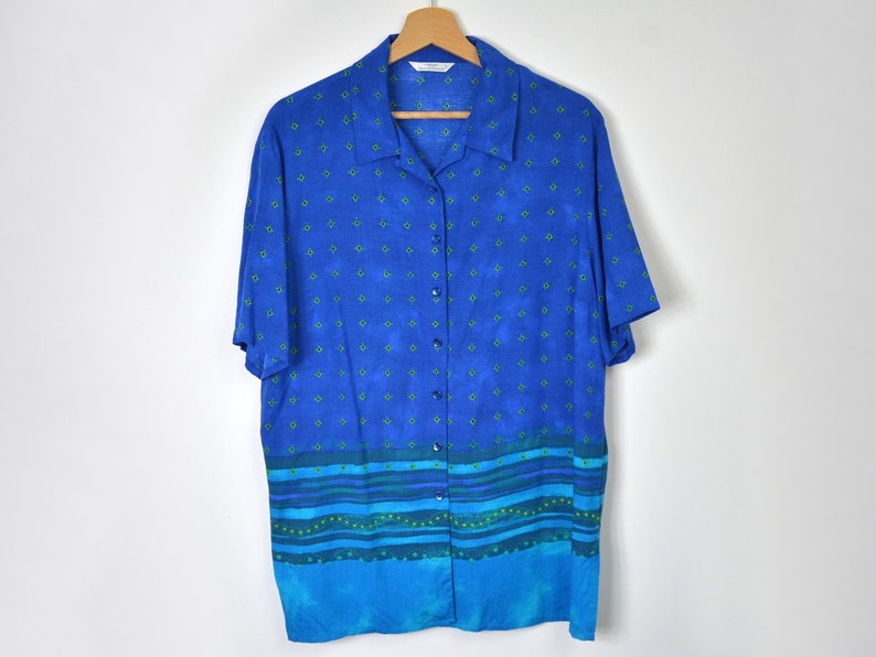St. Michael Marks&Spencer blouse hawaiian shirt blue aztec ethnic Retro 90s shirt floral summer printed vintage beach short sleeve L Large image 6