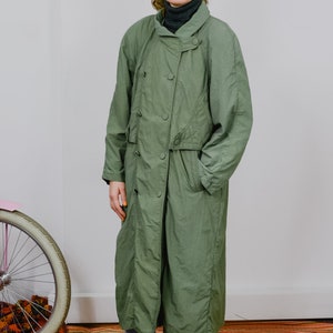 Green coat vintage 80's Bloomies autumn spring military maxi jacket reglan sleeve overcoat padded shoulders tied waist women XL image 5