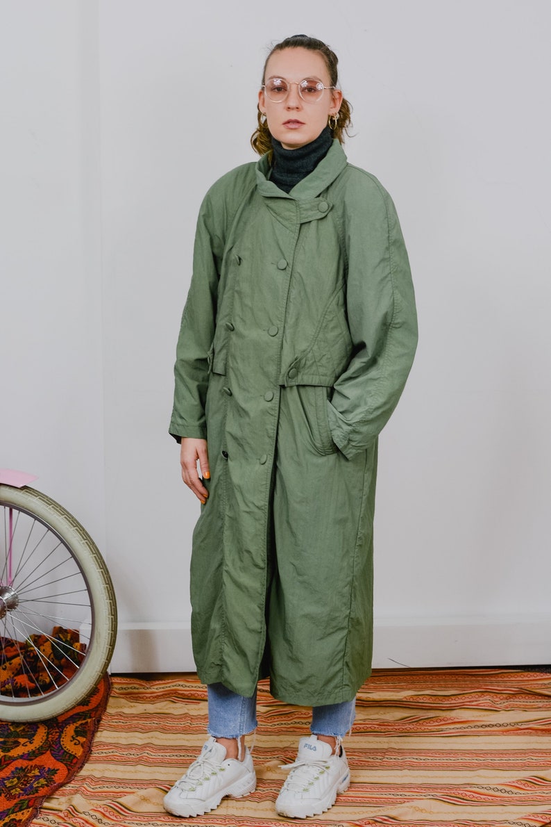 Green coat vintage 80's Bloomies autumn spring military maxi jacket reglan sleeve overcoat padded shoulders tied waist women XL image 5