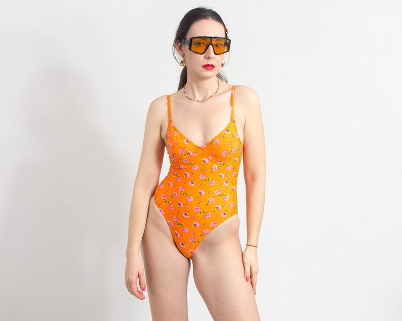 90s one piece swimsuit orange floral spaghetti straps vintage women size S image 1