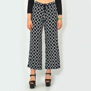 Patterned pants Vintage geometric White black Printed wide bell leg hipster 1990's elastic waist M/L image 1