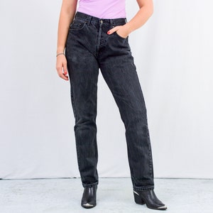 Calça Jeans Preta Stonewashed Vintage dos Anos 90: Cintura Alta, Perna Reta (L32 L33)