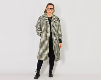 Retro coat 80's Warm wool VINTAGE jacket black white striped button up women S/M