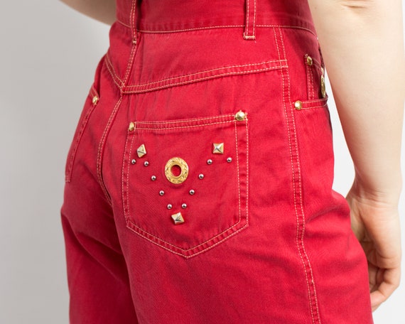 Vintage 80's denim shorts red golden spikes high … - image 6
