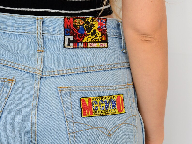 American McChino shorts Vintage 90's shorts super High waist Patched blue jeans denim woman L Large image 6