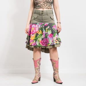 Y2K Midi Skirt | khaki denim & floral ruffle hem | low rise vintage 2000s | women size S/M