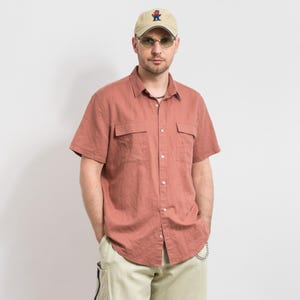 Vintage Linen Short Sleeve Shirt Rust Red 100% Flax Button Up L/XL