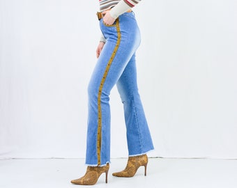 Hippie jeans W31-32 fond de cloche en denim strechy laisser effiloché taille haute bleu 90s pantalon zip fly L