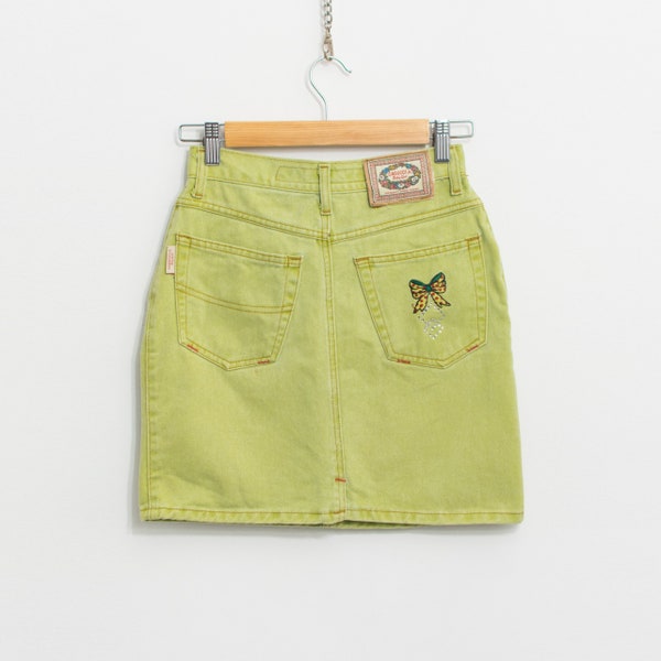 Vintage 90's mini denim skirt green pencil jean women size XXS/XS