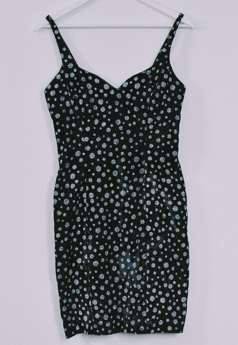 Mini robe velours noir brocart points holographiques party crayon vintage années 80 sans manches M Medium image 6