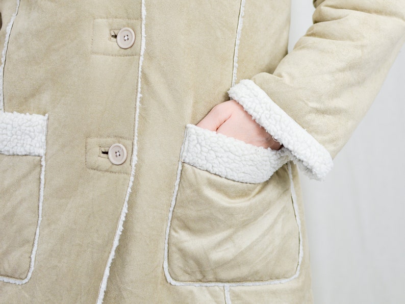 Faux suede jacket cream sherpa winter coat shearling beige vintage XL image 7