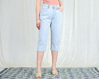 Blue mom jeans W32 capri pants vintage 90s denim high waist trousers tapered leg women L