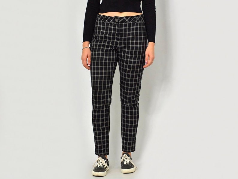 Checkered pants RETRO Black trousers retro tapered leg vintage hipster L Large