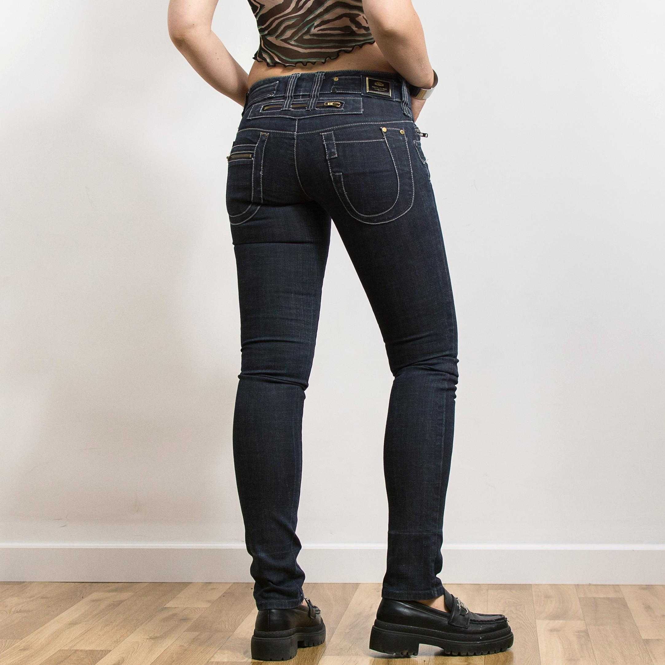 2000s River Island Biker Skinny Jeans Dark Blue Stretch Denim S/M