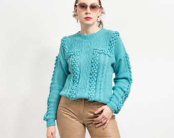 Vintage pompoms sweater Turquoise pullover retro women size XL/XXL