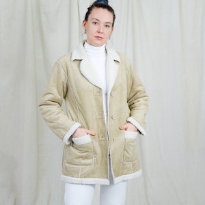 Faux suede jacket cream sherpa winter coat shearling beige vintage XL image 1