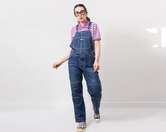 Vintage overall blauwe tuinbroek jumpsuit recht been vrouwen maat L
