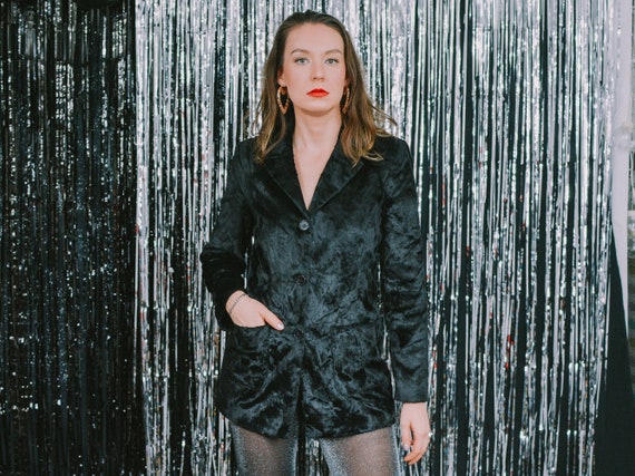 Black Velvet Blazer Vintage Jacket Women Elegant Bright Tailored