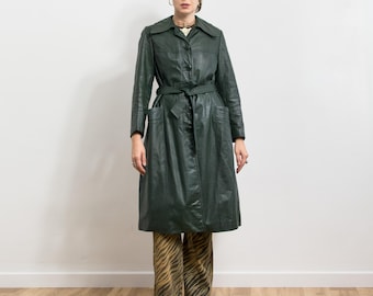 Vintage 70s Green Leather Trench Coat Belted Women L
