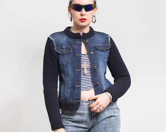 Vintage Y2K Fitted Denim Jacket in Dark Blue 2000s Zip Front