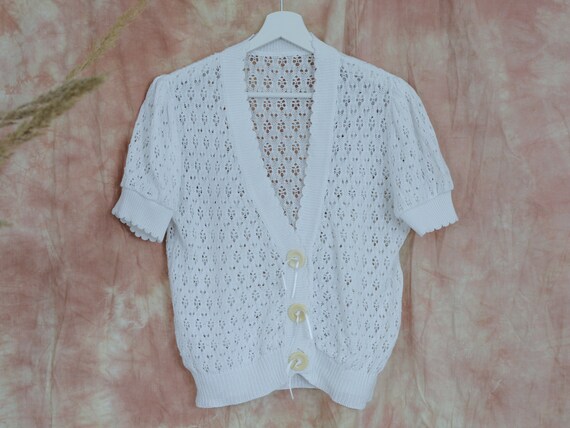 Short Sleeve Sweater White Top Cardigan Crochet Vintage M - Etsy