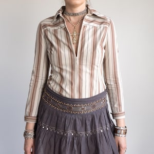 Vintage 70s Striped Shirt Zip Front Long Sleeve Women&#39;s S