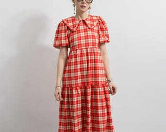 Vintage Peter Pan-jurk met kraag en geruite pofmouw S/M