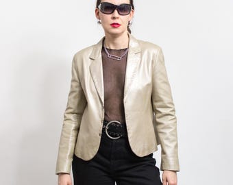 Vintage Genuine Leather Jacket in Glossy Cream women's M/L