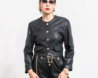 Vintage 80er Jahre Kurze Lederjacke in Schwarz Damen S