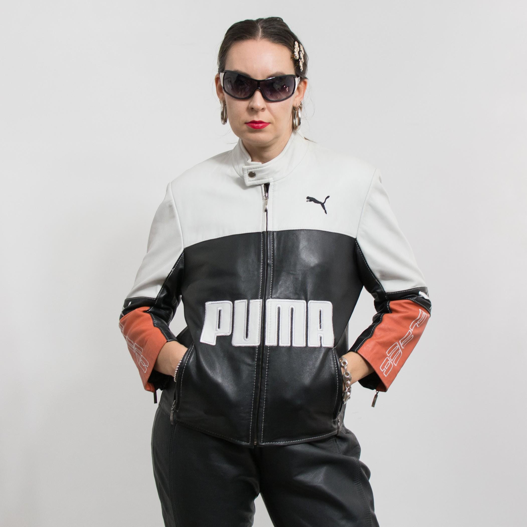 Puma フード付きレザージャケット ブラック 90s-00s PUMA（プーマ）の「レザージャケット（ライダースジャケット