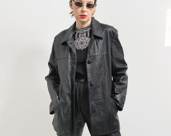 Vintage Black Leather Jacket 90s Coat L/XL