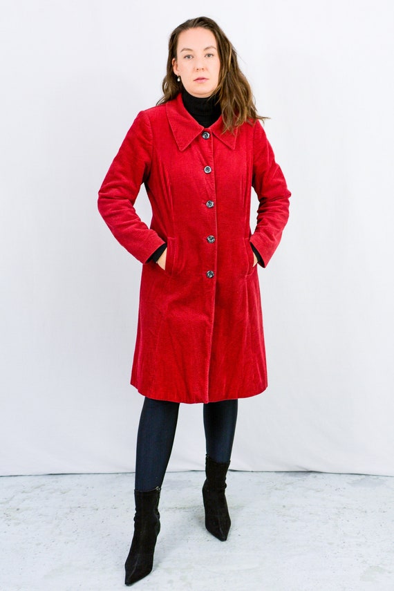 Red corduroy trench vintage coat 90s spring autumn