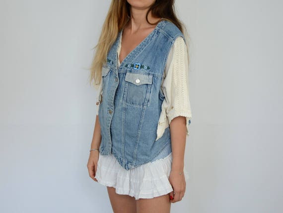 Floral denim vest jean jacket grunge hipster slee… - image 4