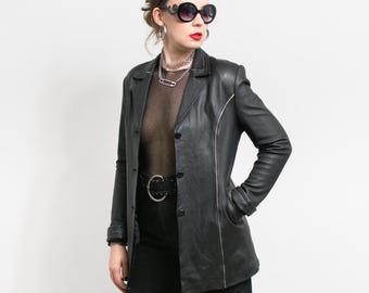 Vintage Black Leather Jacket - 90s fitted coat women's L