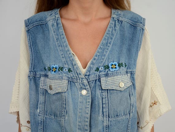 Floral denim vest jean jacket grunge hipster slee… - image 2