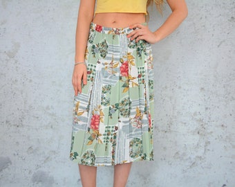 Pleated skirt boho summer ethnic floral print green Retro High waisted Midi vintage 1980's elastic waist size L - XXXXL