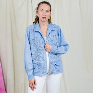 Blauwe denim jas gevlochten patroon vintage 90's lange mouwen vrouwen L/XL