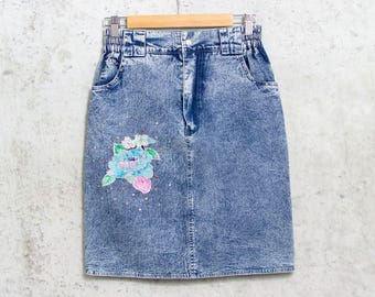 Falda lápiz vaquera vintage de los 80 con efecto desteñido y parche floral, cintura alta, talla M
