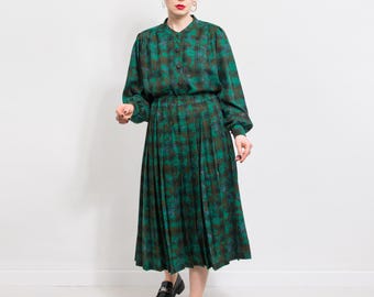 Zestaw retro w stylu vintage | Spódnica z wełny w kratę, damska, rozmiar L/XL