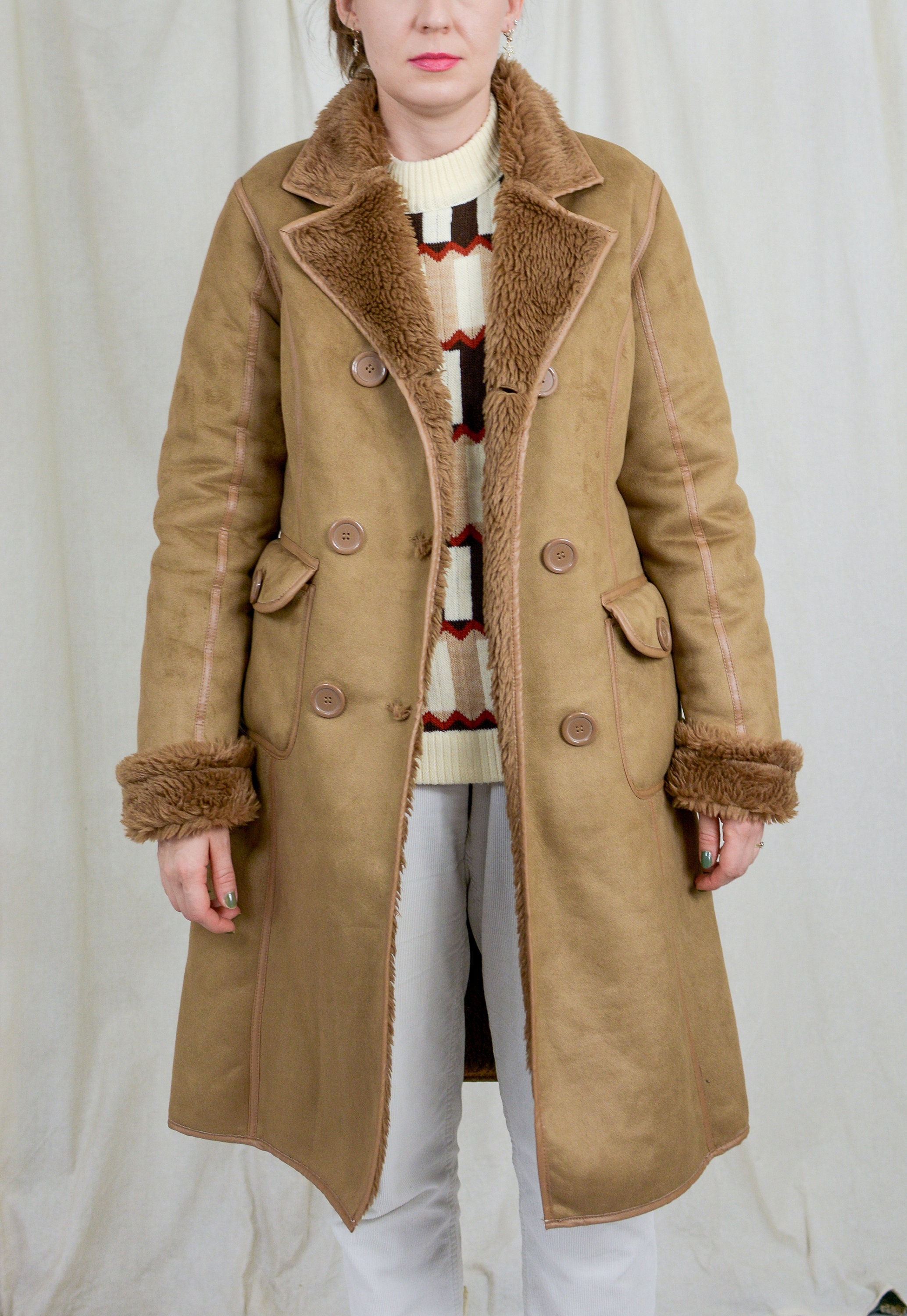 Vintage Sand Suede & Faux Fur Lined Coat