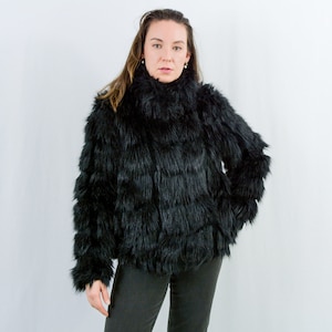 Black faux fur vintage y2k jacket party coat vegan friendly women Medium