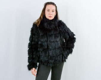 Black faux fur vintage y2k jacket party coat vegan friendly women Medium