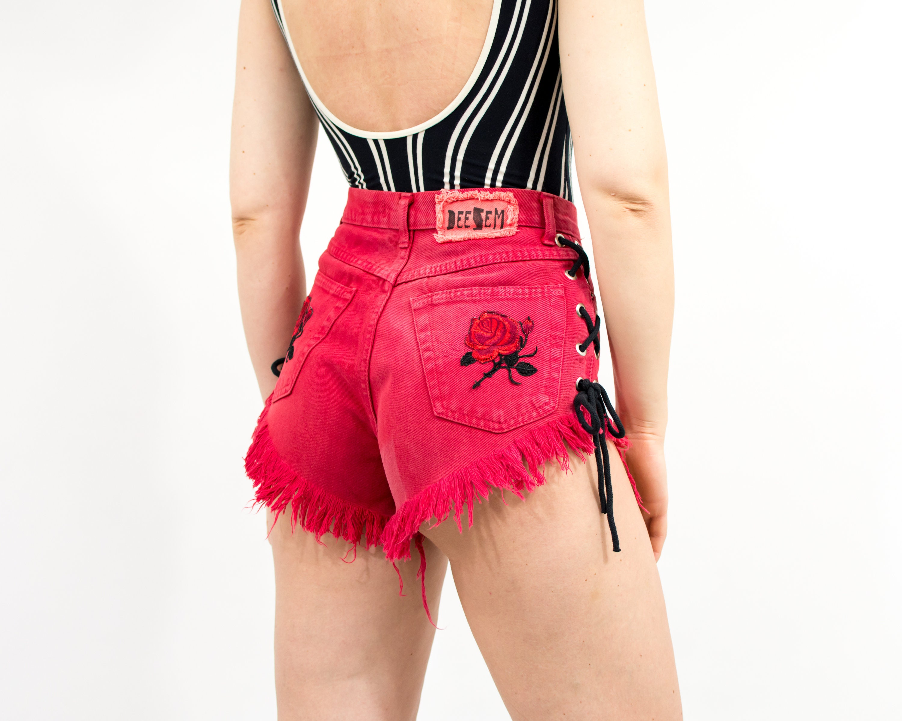 Red distressed deals jean shorts