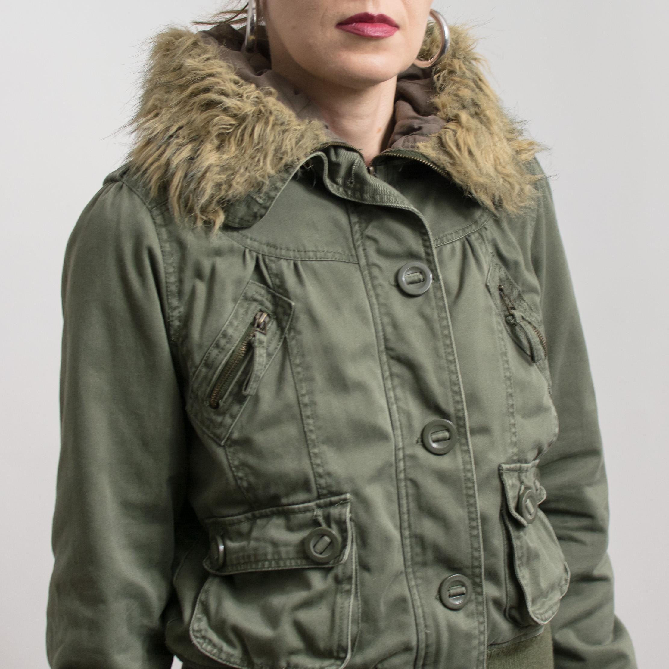 Vintage Y2K Khaki Military Jacket With Faux Fur Hood M - Etsy
