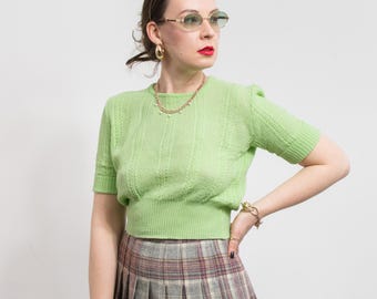 70s Knit Top Vintage | short sleeve cropped sweater | faux wool blouse | women's size L