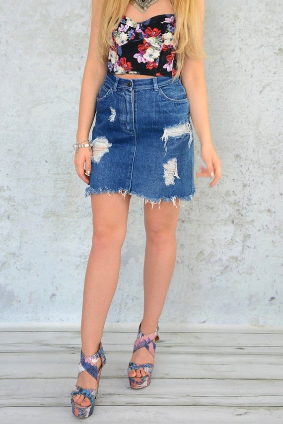 Distressed Denim Skirt W28 Vintage Mini Destroyed Cut off High